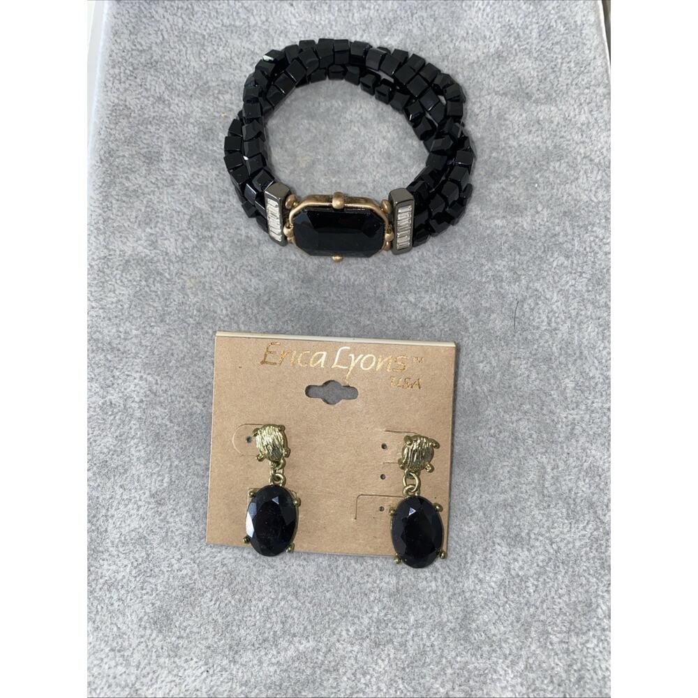 Erica Lyons Vintage Stretch Bracelet and Pierced Earring Set - Black and Gold